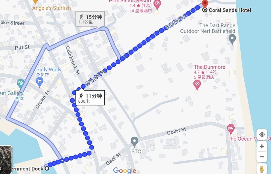 Walking route from Government Dock to Pink Sands Beach